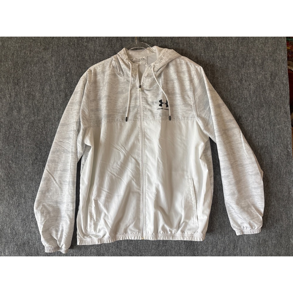 Under Armour Mens XL White Grey Space Dye Full Zip Hooded Windbreaker Jacket